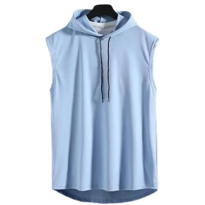 Summer Muscle Hoodie Vest Sleeveless Bodybuilding Ice Silk Gym Workout Fitness Shirt High Quality Vest Hip Hop Sweatshirt Tops