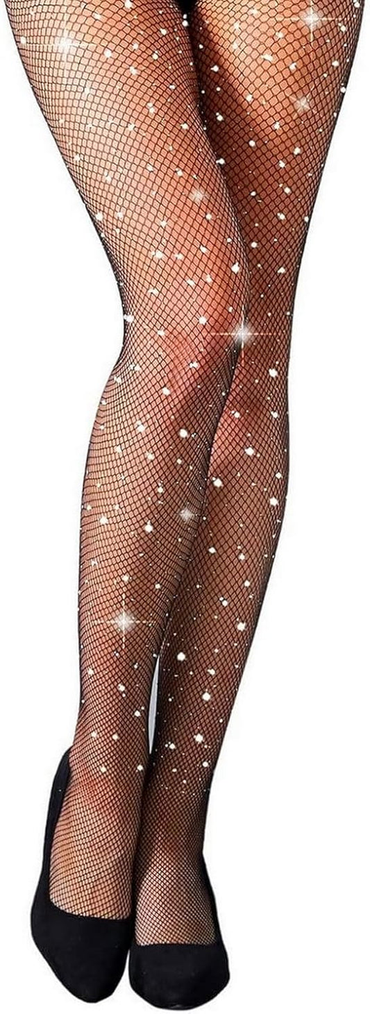 Women'S Fishnets Sparkly Tights High Waist Rhinestone Stockings Party Thigh High Pantyhose (Small Hole-Black) US2466A