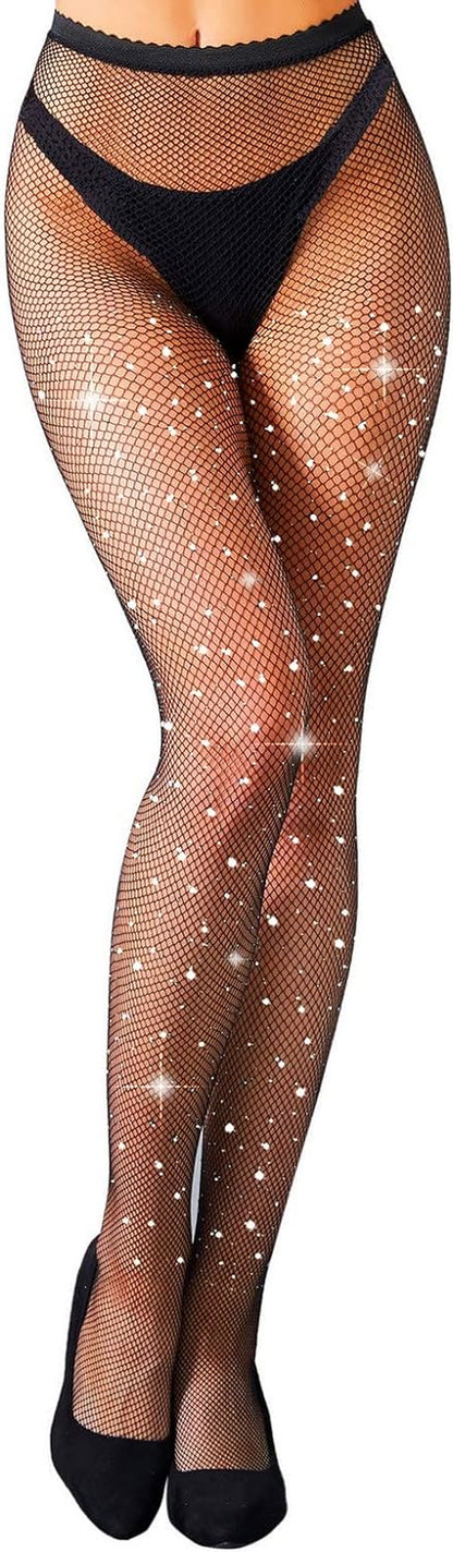 Women'S Fishnets Sparkly Tights High Waist Rhinestone Stockings Party Thigh High Pantyhose (Small Hole-Black) US2466A