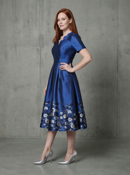 Blue short sleeves floral jacquard A-line mom dress