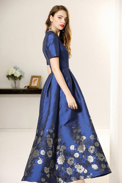 Blue short sleeves floral jacquard A-line mom dress