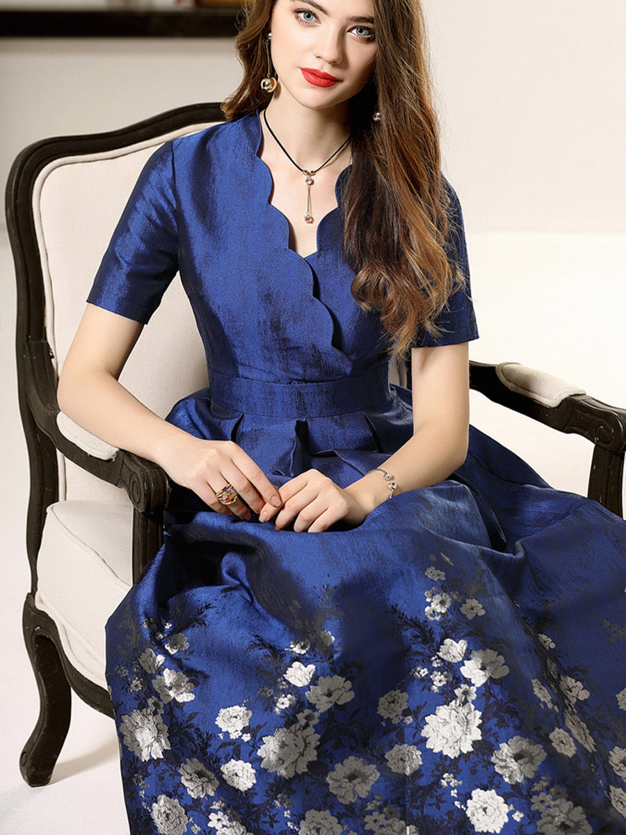 Blue short sleeves floral jacquard A-line mom dress