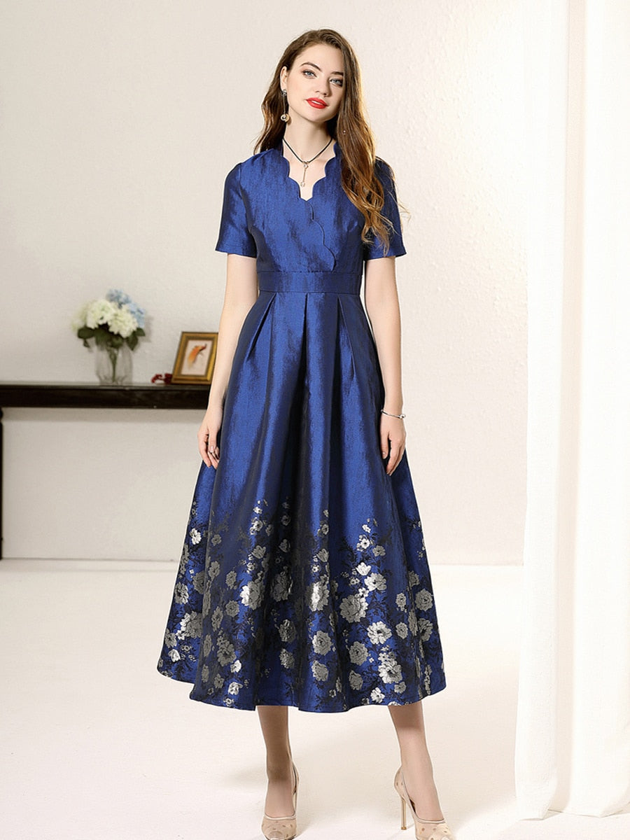 Blue short sleeves floral jacquard A-line mom dress