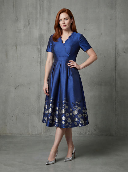 Blue short sleeves floral jacquard A-line mom dress
